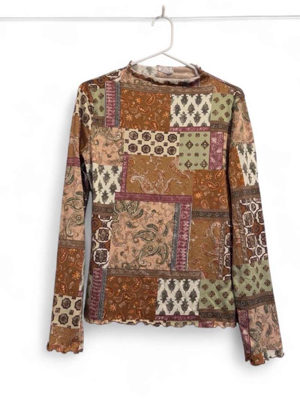 Kori America Patchwork Print Long Sleeve Top Multi Color Layering Boho Women’s